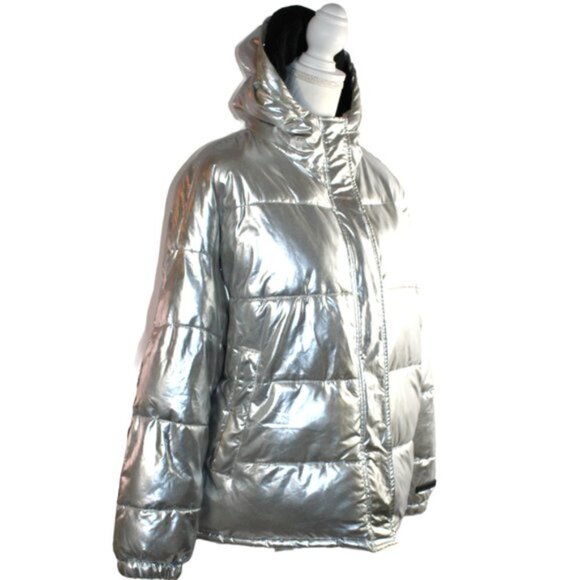 Juicy Couture Black Label Gloss Silver Graphic Puffer Hooded Coat, Size Large - Picture 5 of 10